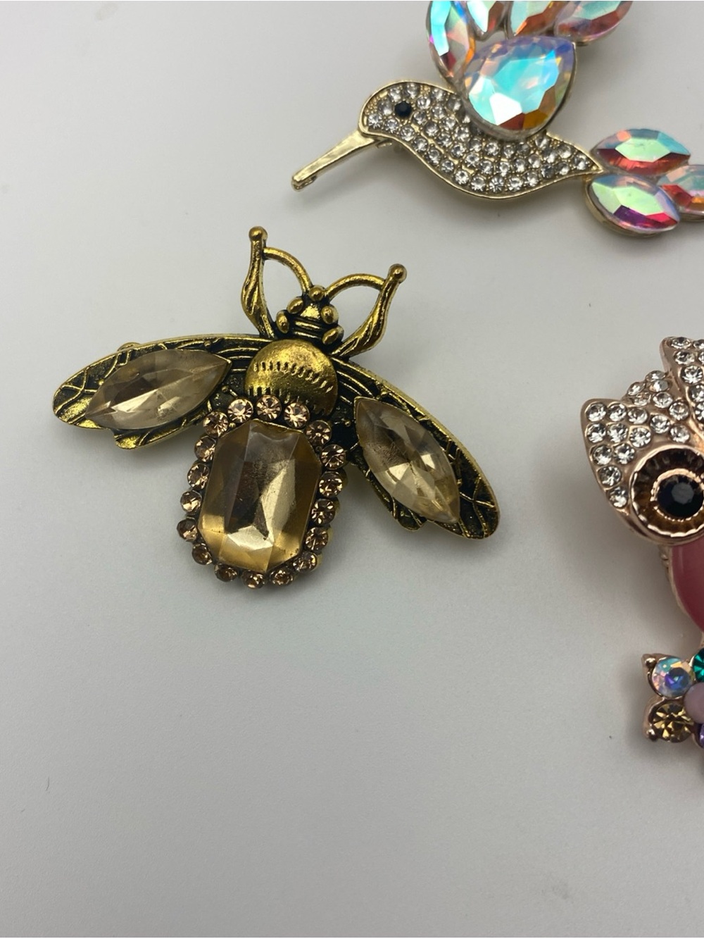 Pink Owl, Iridescent Hummingbird & Gold Bee Brooch Set - Picture 3 of 6